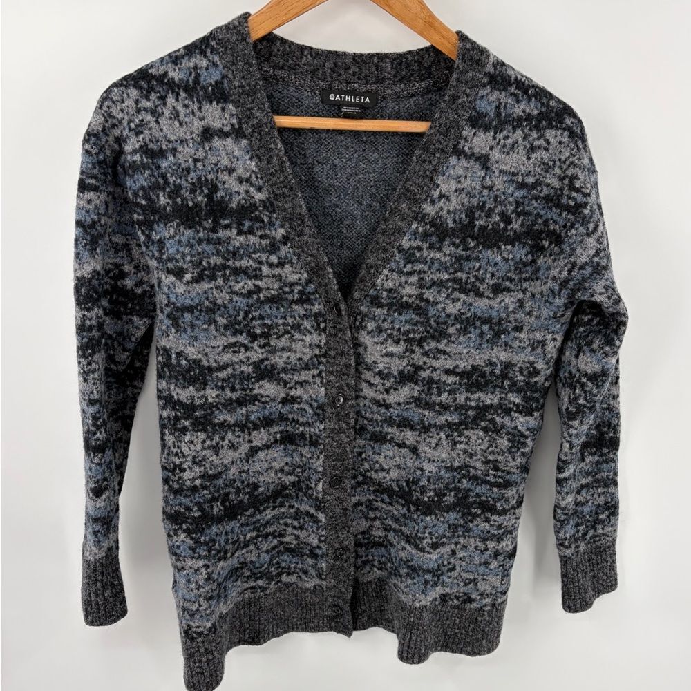 Athleta women’s Westlake wool blend textured knit cardigan sweater fog camo sz M